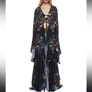 Black Floral Bohemian Duster Maxi Top Ruffle Boho XS